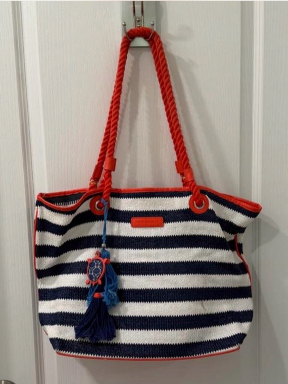 Vera Bradley Navy and White Striped Rope-Handle Tote with Red Trim